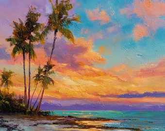 ピンク紫の夕日とヤシの木の油絵、キャンバス、海の絵、熱帯の絵