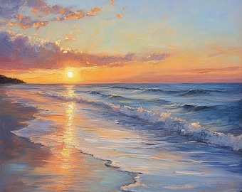 May include: A painting of a sunset over the ocean with waves crashing on the shore. The sky is a mix of orange, pink, and purple, and the sun is setting in the distance. The water is a deep blue, and the sand is a light brown.