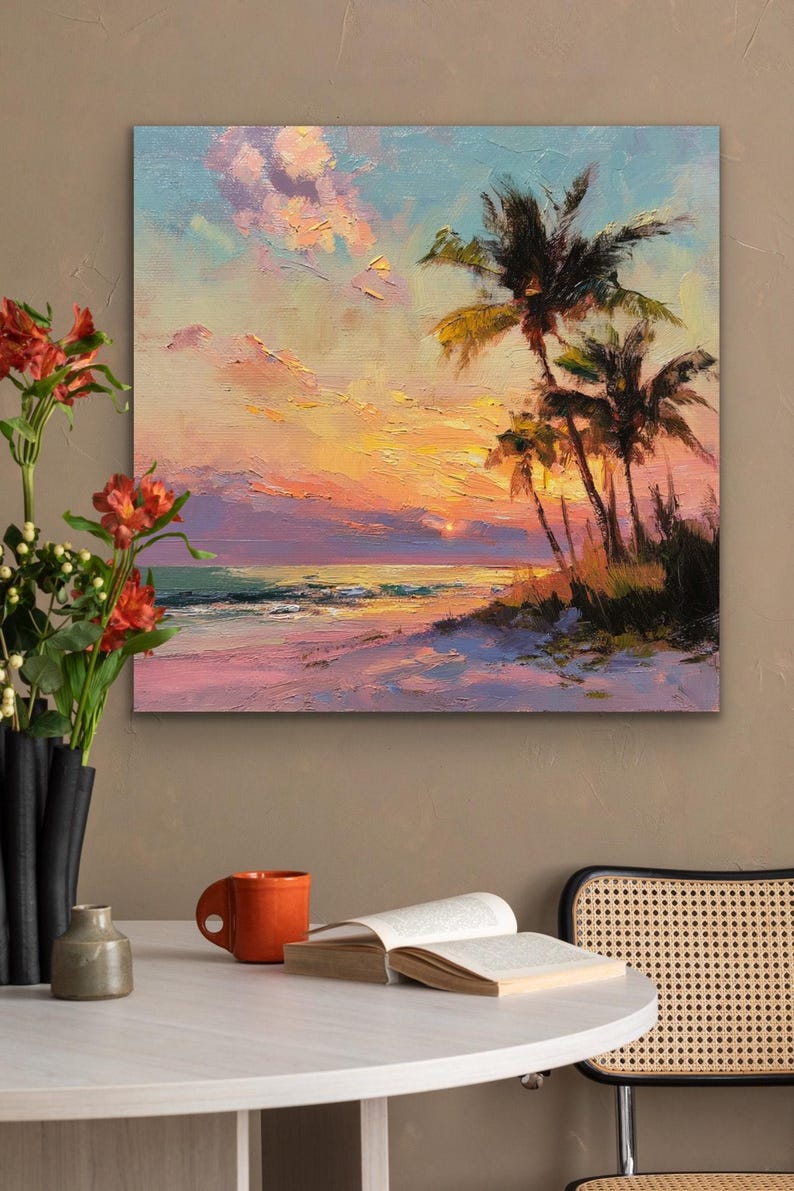 Original Oil Seascape Painting: Tropical Sunset Beach With Palm Trees ...