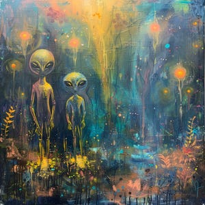 Puede incluir: Una pintura abstracta que presenta dos figuras alienígenas humanoides con cabezas grandes y cuerpos delgados. La obra de arte utiliza una paleta de azules, amarillos y naranjas, con orbes brillantes y un fondo similar a un bosque. El estilo es surrealista e imaginativo.