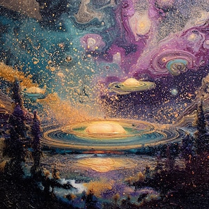 Op de afbeelding: Een abstract schilderij dat een kosmisch landschap weergeeft met wervelende blauwtinten, paars en goud. Het kunstwerk toont hemellichamen met ringachtige structuren, een reflecterend wateroppervlak en silhouetbomen.