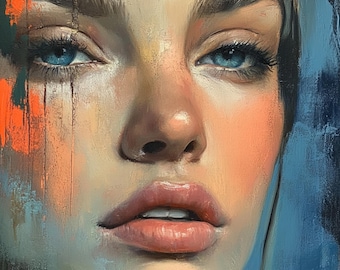 Puede incluir: Un retrato pintado de cerca de una persona con ojos azules y un labio suave y rosado. El fondo es una mezcla de pinceladas azules y naranjas.