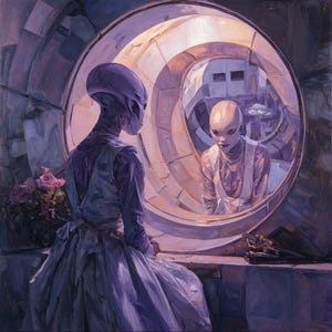 Op de afbeelding: Een olieverfschilderij toont een buitenaards wezen in een lavendelkleurige jurk die in een cirkelvormige spiegel kijkt. De spiegel reflecteert een ander buitenaards wezen in een wit kledingstuk. Een boeket roze rozen staat in de buurt. De scène speelt zich af in een futuristische, paars getinte omgeving.