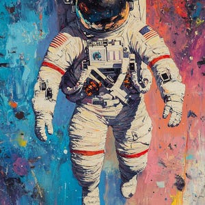Colorful Spacewalk Canvas Painting, Floating Astronaut Wall Art, Outer Space Artwork, one of a kind by Alien 54 x 36 inches