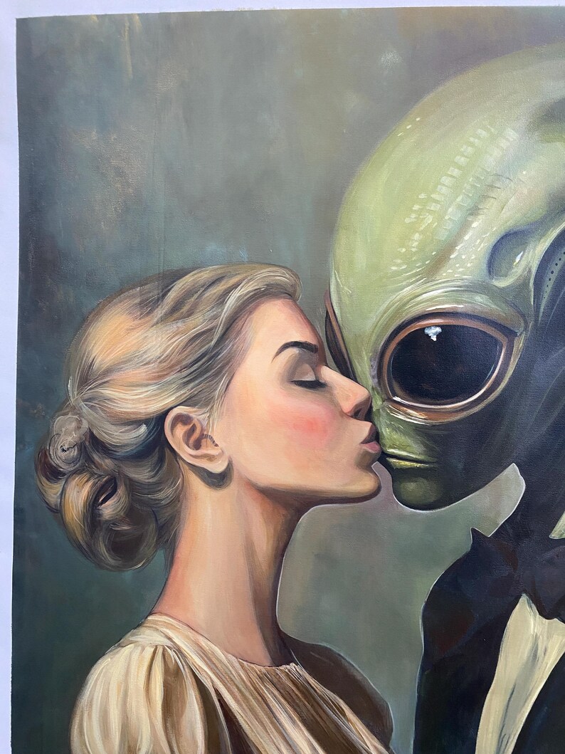 One-of-a-kind Painting "interstellar Love" - Aliens Canvas Artwork 45* ...