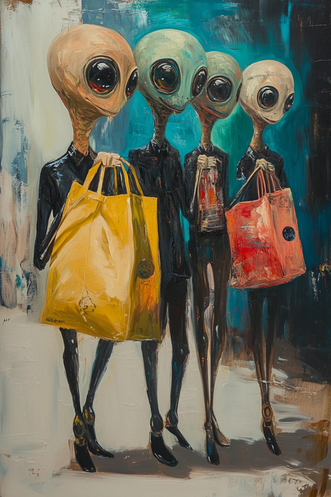 One-of-a-kind Oil Painting, Original Vertical Wall Art, Aliens Artwork ...