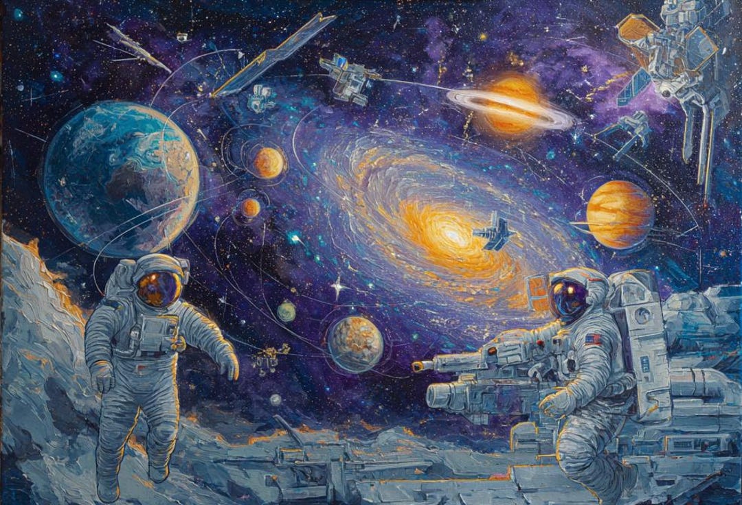 Astronauts And Galaxy Original Painting One Of A Kind Space Artwork 