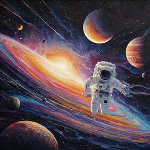 Original Cosmic Astronaut Painting: Surreal Galaxy Artwork 38&quot;x38&quot;