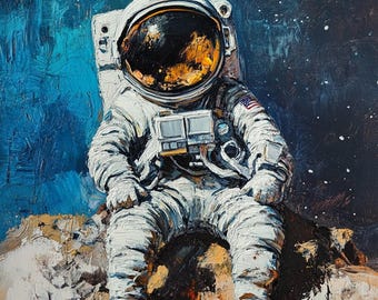 Original Oil Painting on Canvas: Astronaut on Moon, Space Art (54x36 inches)