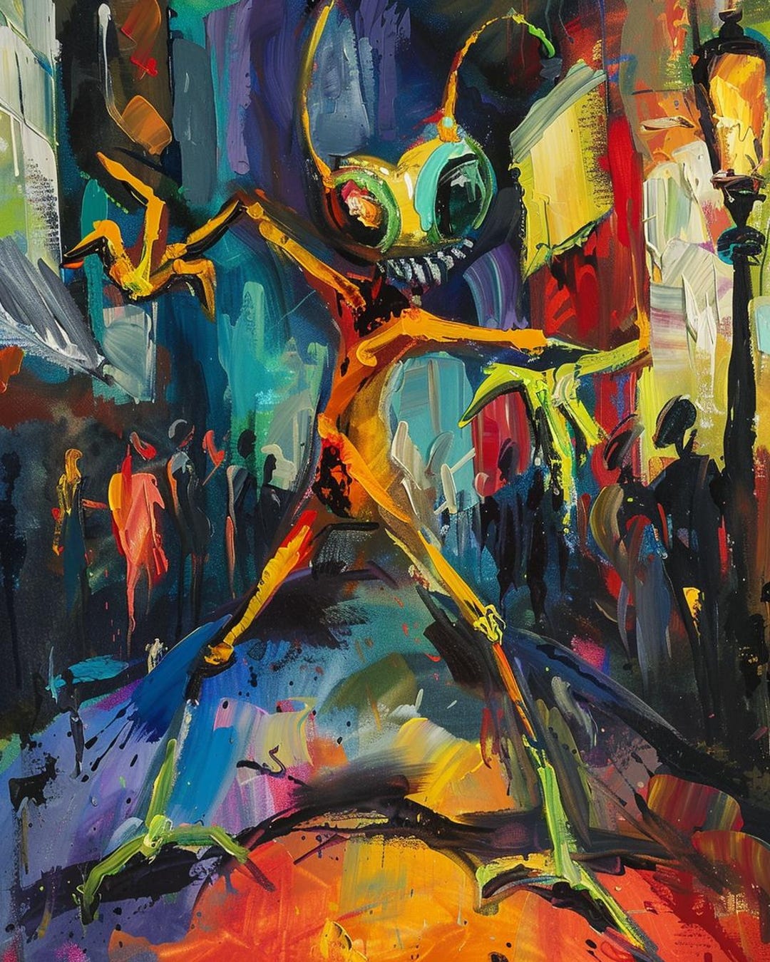 Joyful Alien Painting: Colorful Urban Night Scene, Original Wall Art - Etsy