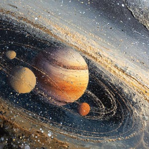 Original one of a kind acrylic painting by contemporary artist Alien, featuring planets of the solar system with glowing textures, orbit lines, and cosmic dust. The detailed brushwork highlights Saturn-like rings and celestial harmony. Unique space wall art for collectors who love astronomy, cosmic paintings, and original artworks for modern home decor.