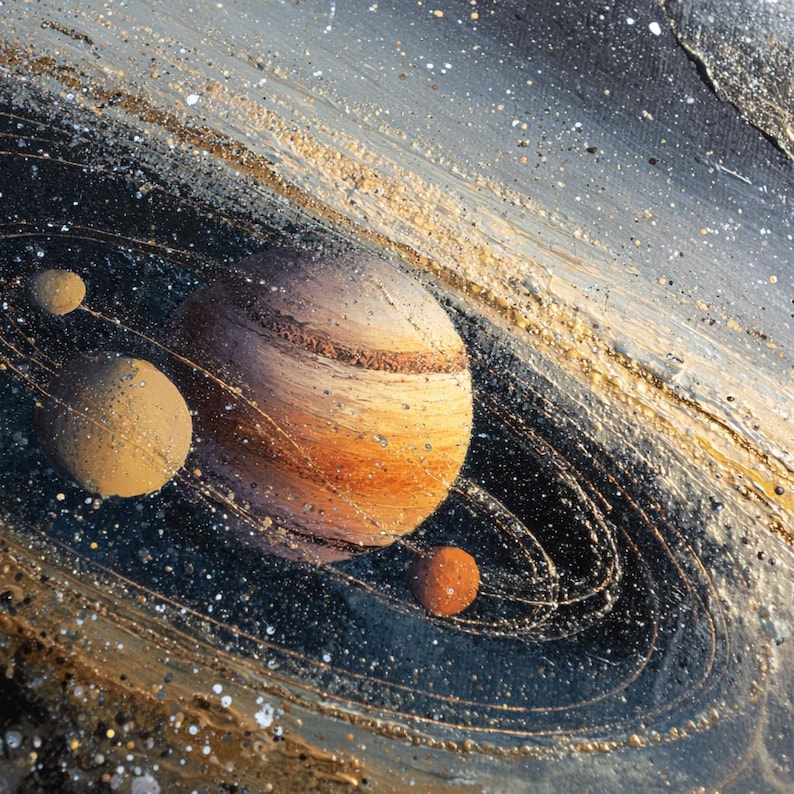 Original one of a kind acrylic painting by contemporary artist Alien, featuring planets of the solar system with glowing textures, orbit lines, and cosmic dust. The detailed brushwork highlights Saturn-like rings and celestial harmony. Unique space wall art for collectors who love astronomy, cosmic paintings, and original artworks for modern home decor.