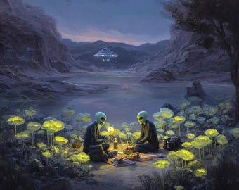 Original Oil Painting: Alien Picnic at Dusk - Surreal Cosmic Landscape