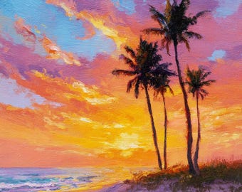 ピンク紫の夕日とヤシの木の油絵、キャンバス、海の絵、熱帯の絵