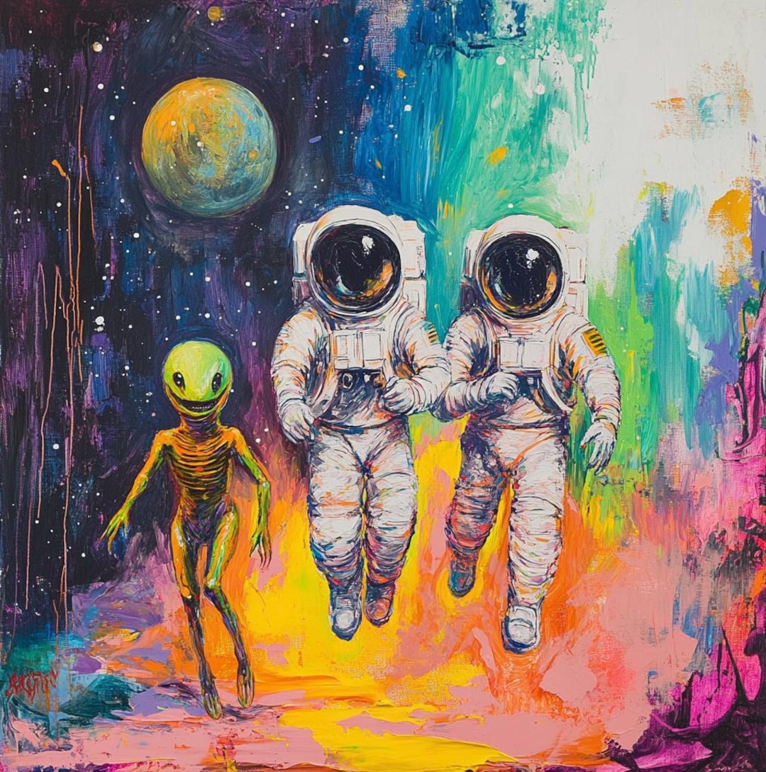 Astronauts & Alien Oil Painting: Fantasy Wall Art, Cosmos Art ...