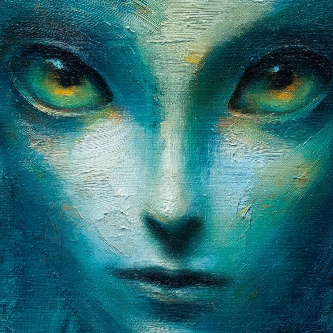 Original Alien Oil Painting: Extraterrestrial Portrait, Teal & Ochre ...