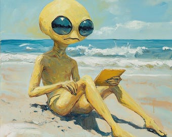 May include: Oil painting of a yellow alien with large blue eyes, sitting on a sandy beach. The alien is holding a yellow tablet, with the ocean and blue sky in the background. The artwork has a whimsical and surreal quality.