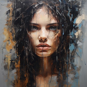 Textured Abstract Face Painting: Modern Brunette Portrait