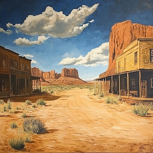 Original Oil Painting: Old Western Town Landscape, Desert Wall Art (36x36 in, Unstretched Canvas)