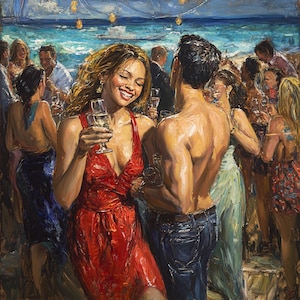 Dipinto di festa in spiaggia: arte figurativa su tela (36 x 36 pollici)