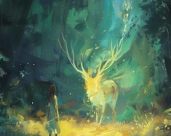 Female Alien & Glowing Deer Painting: Mystical Forest Surreal Art