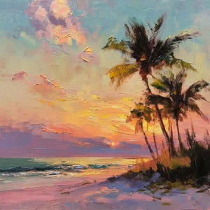 Original Oil Seascape Painting: Tropical Sunset Beach with Palm Trees (36&quot;x36&quot;)