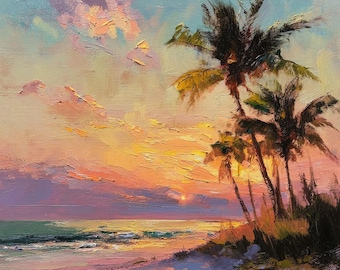 ピンク紫の夕日とヤシの木の油絵、キャンバス、海の絵、熱帯の絵