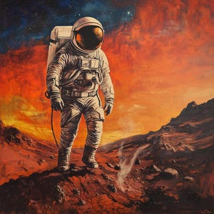 Astronaut on Mars Oil Painting: Sci-Fi Space Canvas Art
