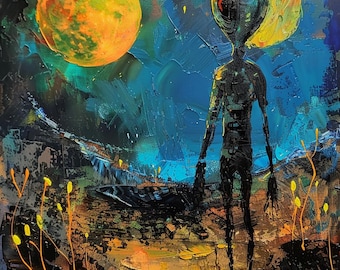 Original Alien Painting: Surreal Cosmic Landscape, Extraterrestrial Art (40x32 inch)