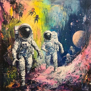 Astronauts on Alien Planet Painting: Vibrant Surreal Space Canvas Art