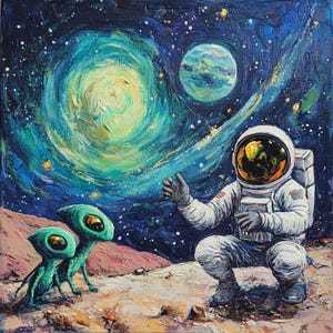 Original Astronaut & Alien Oil Painting: Sci-Fi Galaxy Wall Art