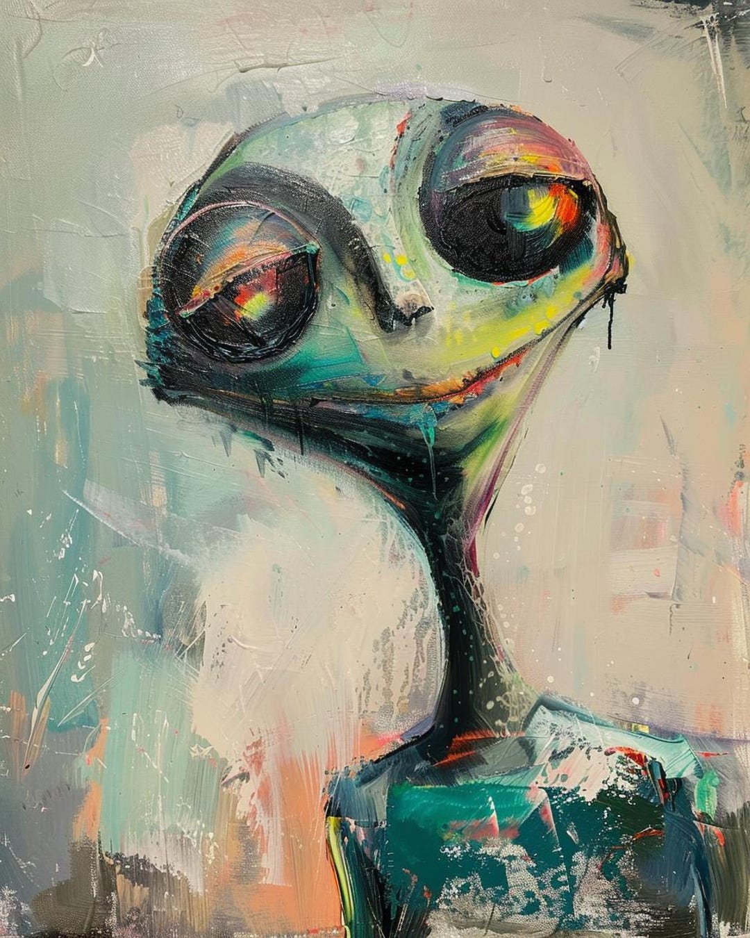 Friendly Alien Acrylic Painting: Abstract Sci-fi Portrait, Modern Wall ...
