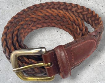 Cinturón trenzado vintage de piel auténtica marrón oscuro de los años 90 con hebilla de metal // 38