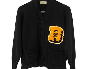 Vintage Black Varsity Cardigan 50s Wool Letterman Sweater