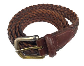 \'90s Vintage Ornate Rich Brown Braided Leather Belt Small Vintage 90s Brown Woven Leather Belt, Genuine Leather Belt  main image 3