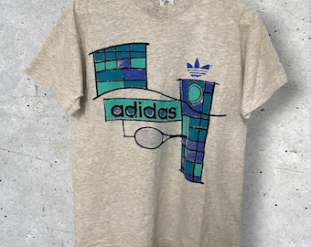 Camiseta gris vintage de los años 90 de Adidas Ivan Lendl Tennis con costura simple // Talla S