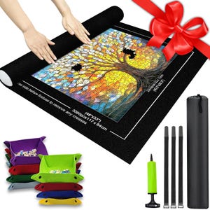 May include: A black felt puzzle mat with a completed jigsaw puzzle featuring a colorful tree design. The mat measures 46" x 33" and includes accessories like a pump, straps, and trays. A red ribbon adds a decorative touch.