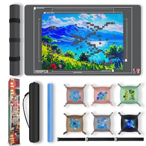 May include: A gray puzzle mat with a landscape print, a black storage tube, a blue foam roll, and six square sorting trays in various colors. The mat features white outlines for 1500 pieces. Includes a tall rectangular box with graphic imagery.