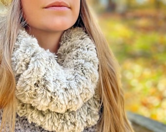 Hand Knit Faux Fur Cowl, Fall / Winter Accessory, Vegan Scarf, Silver/Grey/Pink/Cream, High Quality, Soft & Chic