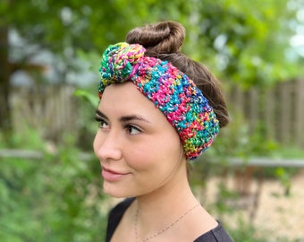Recycled Silk Headband, Hand Knit by me, Brilliant, Colorful, One Size, Handknit Ruched Hair Accessory