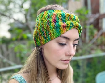 Recycled Silk Headband, Hand Knit by me, Brilliant, Colorful, One Size, Handknit Ruched Hair Accessory