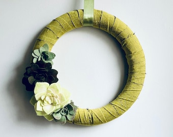 Spring / Summer wreath, Duponi Silk with Hand Cut Felt Succulents, Understated & Elegant, Greens, Gold, Copper, Brown