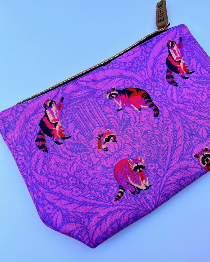 Purple & Pink Raccoon pouch for holding all your crafts. Rose gold zipper, lined. image 2