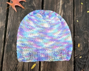 Hand Knit Retro Psychedelic Cap, Candy Colored Hat, Multicolored Yarn, Warm and Comfy