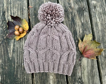 Babel Hat Pattern, Chunky Knit Cabled Hat Pattern, Pom Pom, Warm, Soft, Quick Knit.