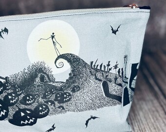 Nightmare Before Christmas Pouch, Hand Sewn Project Pouch, Jack the Pumpkin King, Graveyard Scene, Holds All of Your Bits