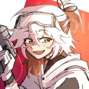 Könnte beinhalten: Anime-Illustration einer Person mit weißen Haaren und Brille, die ein graues Werkzeug mit nadelförmiger Spitze hält. Die Person trägt eine weiße Jacke und Handschuhe, mit einem roten Draht.
