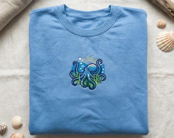 Embroidered Octopus Sweatshirt, Ocean Reef Hoodie, Marine Life Gift, Sea Creature Apparel, Underwater Kraken Style Octopus Crewneck