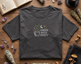 Embroidered T Shirt, Cauldron Plant Tee, Garden Witch Society, Magic Herb Shirt, Witchy Cauldron Clothing, Celestial Celestial Gift