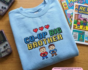 Embroidered Big Brother Sweatshirt, Co-Op Player 1, Retro Gaming Hoodie, Sibling Announcement Gift, Pixel Art Crewneck, Kids Gamer Shirt